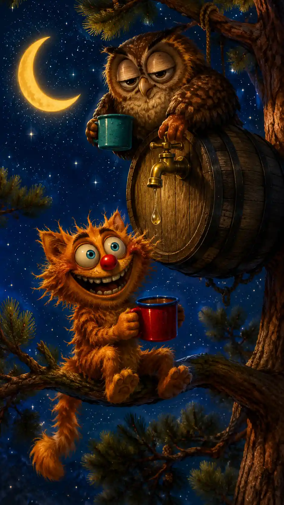 Smiling ginger cat with owl under a starry moonlit sky