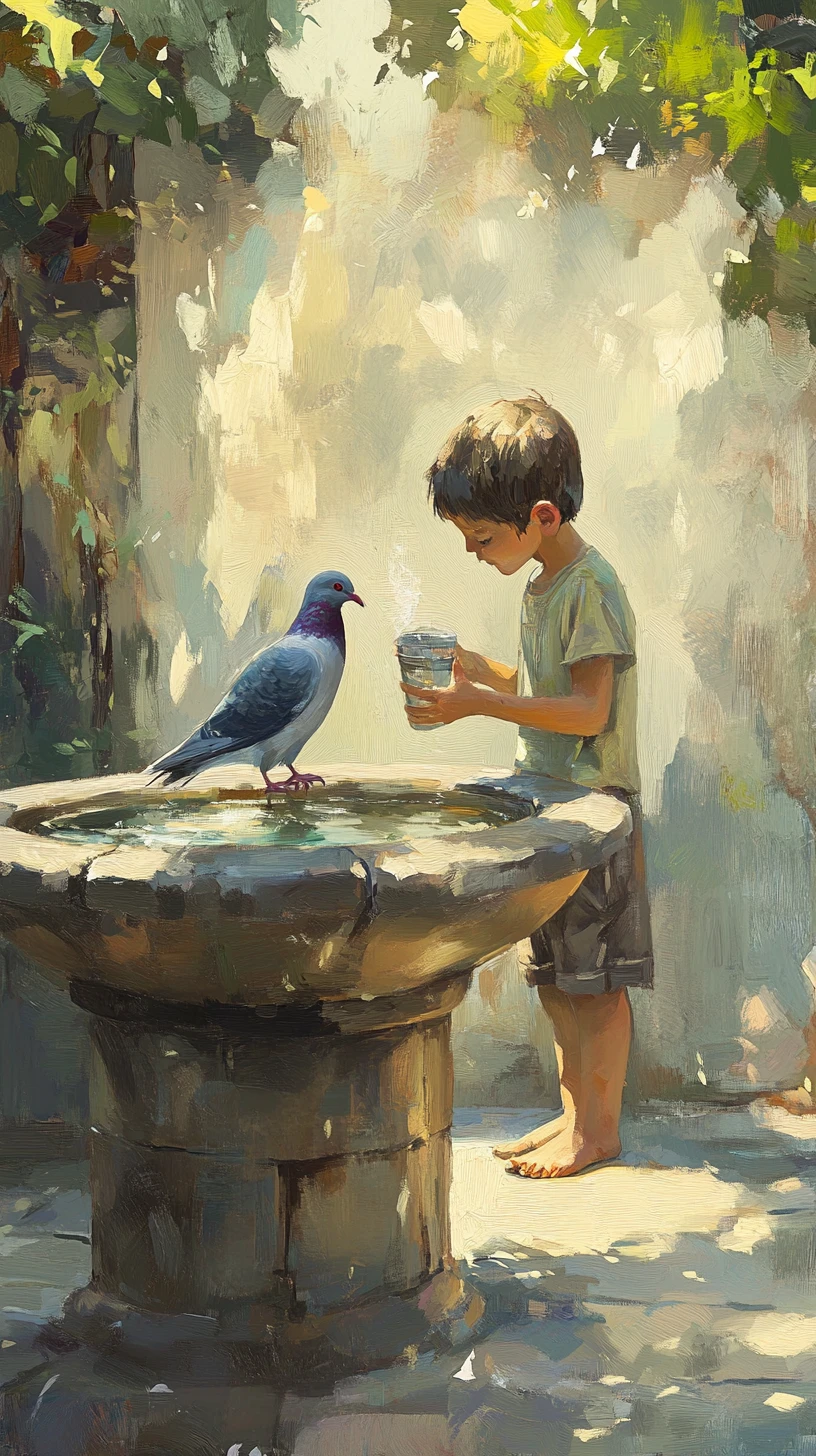 Ragazzo che beve alla fontana con un piccione posato