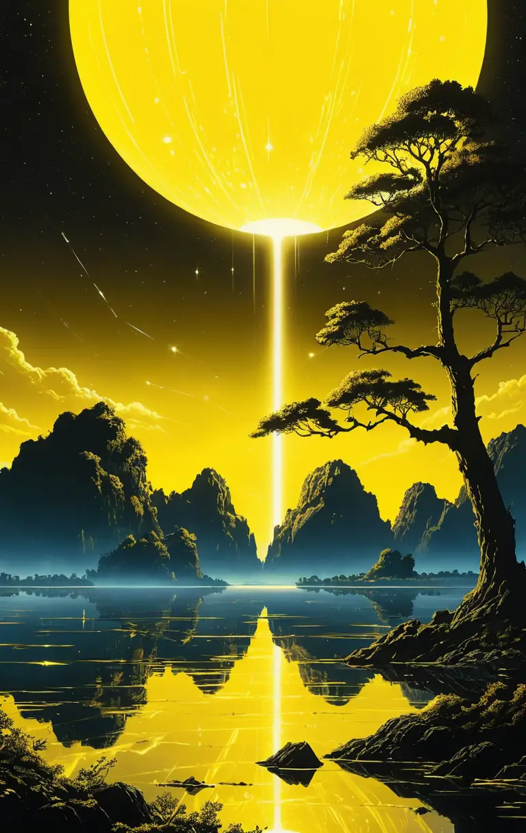 巨型科幻之樹聳立在發光的外星湖面之上