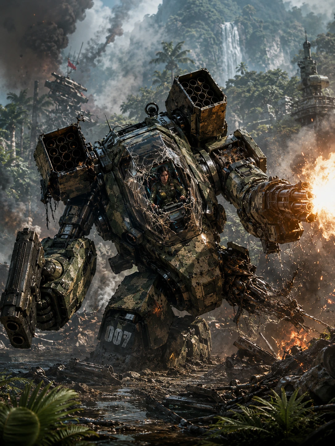 Guerreiro mecha danificado na selva disparando em meio a cockpit destruído