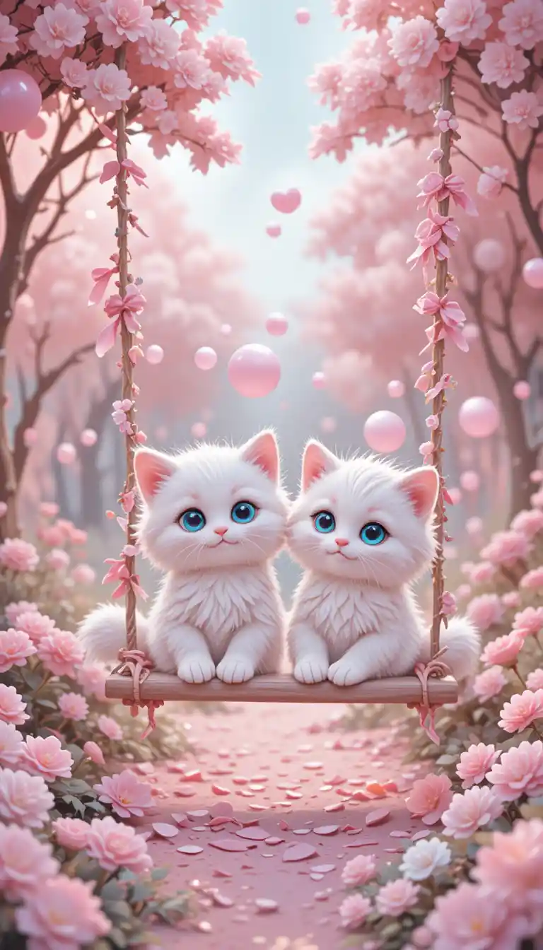 Two fluffy white kittens playing on a pastel park swing