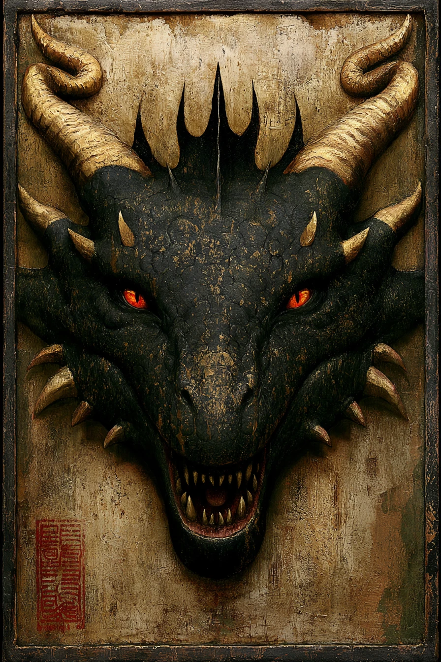 Retrato majestoso de dragão com chifres dourados e olhos em chamas