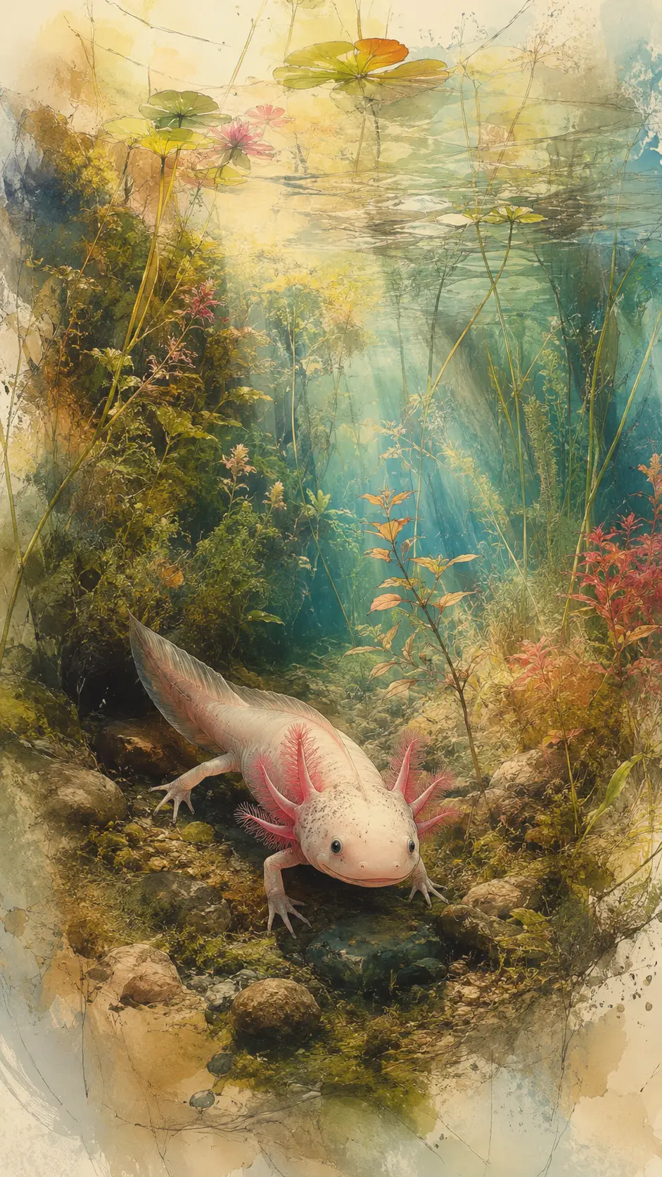Axolote em um habitat natural colorido – ilustração em aerógrafo