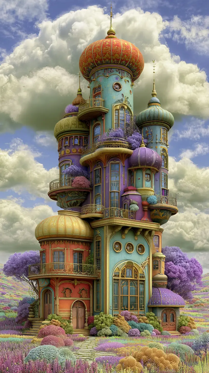 Colorful fantasy building rising in a magical meadow