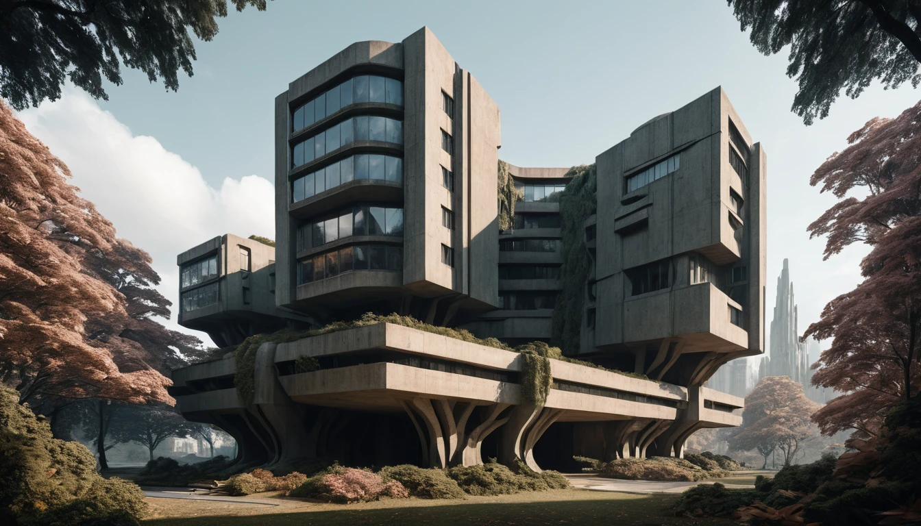 Arquitetura brutalista e futurista com formas sensuais e fluidas