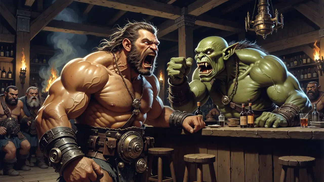 Guerreiro bárbaro gritando com orc em taverna rústica