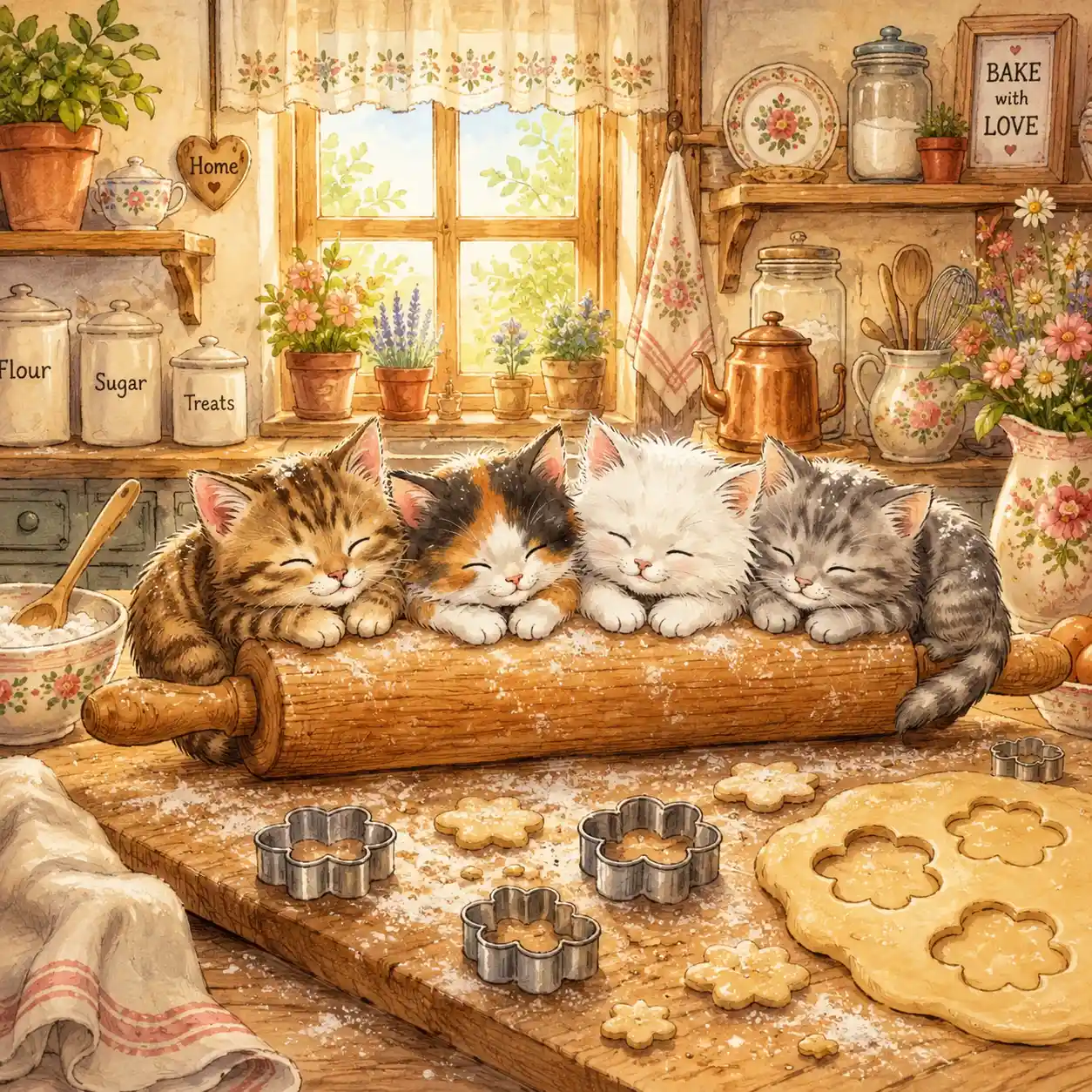 Four cute kittens resting on a rolling pin in flour