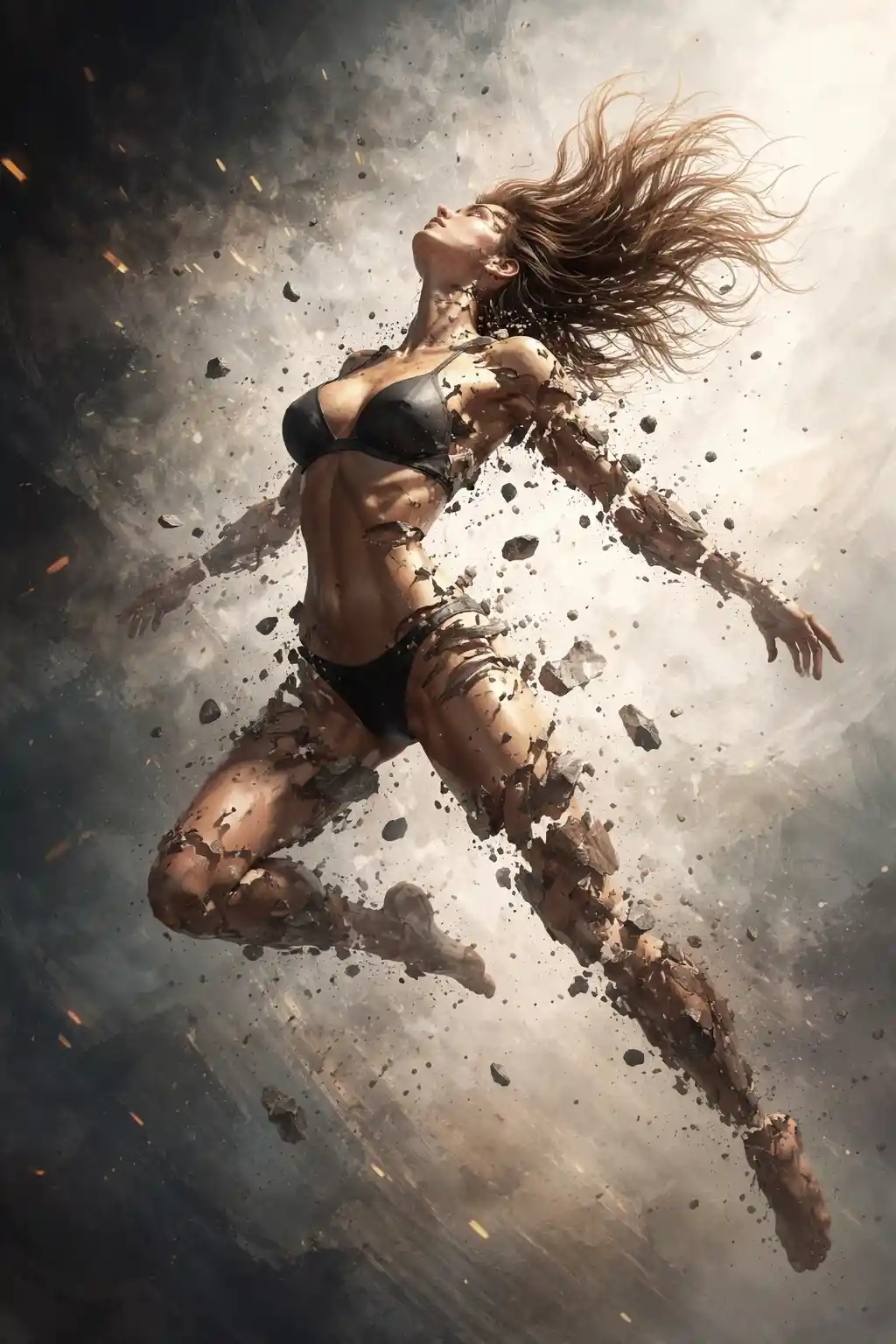 Fragmented woman in mid air with dramatic lighting