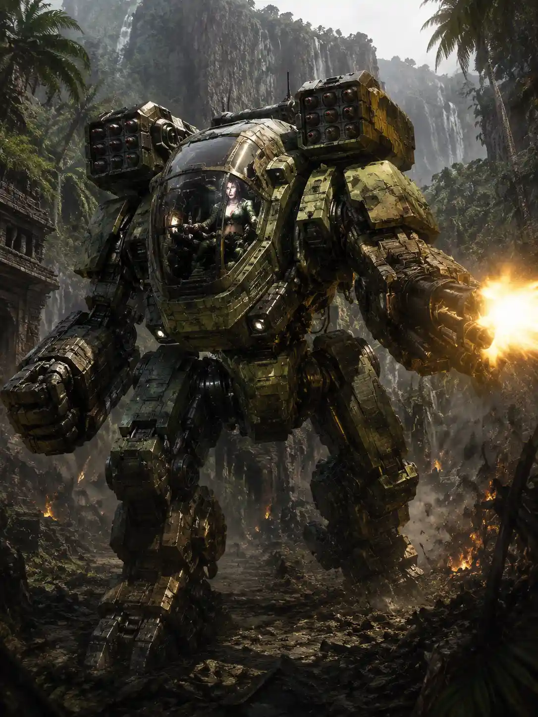 Battle damaged jungle mecha with female pilot in cockpit