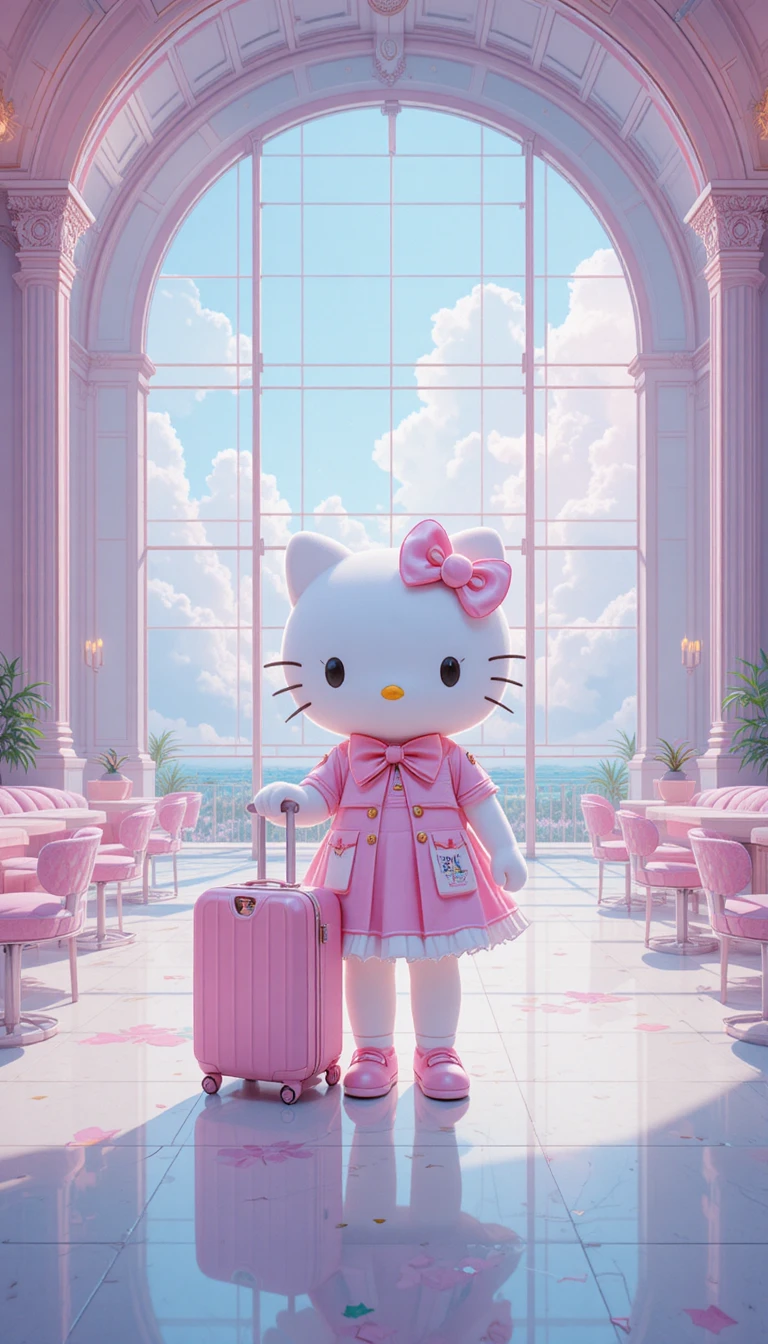 Fofo gato viajante em desenho animado em um aeroporto rosa pastel