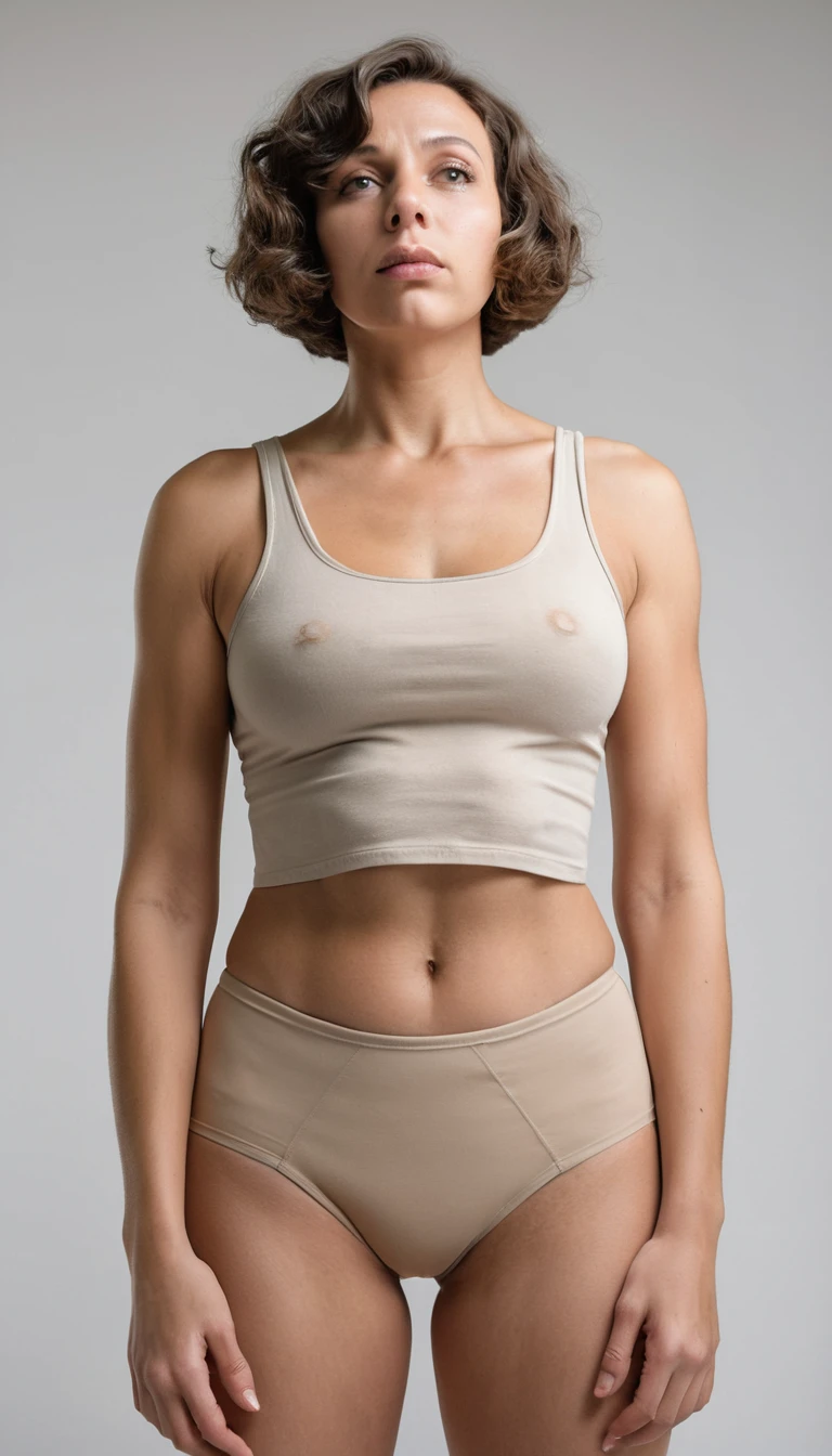 Woman in tank top and panties seen from low angle