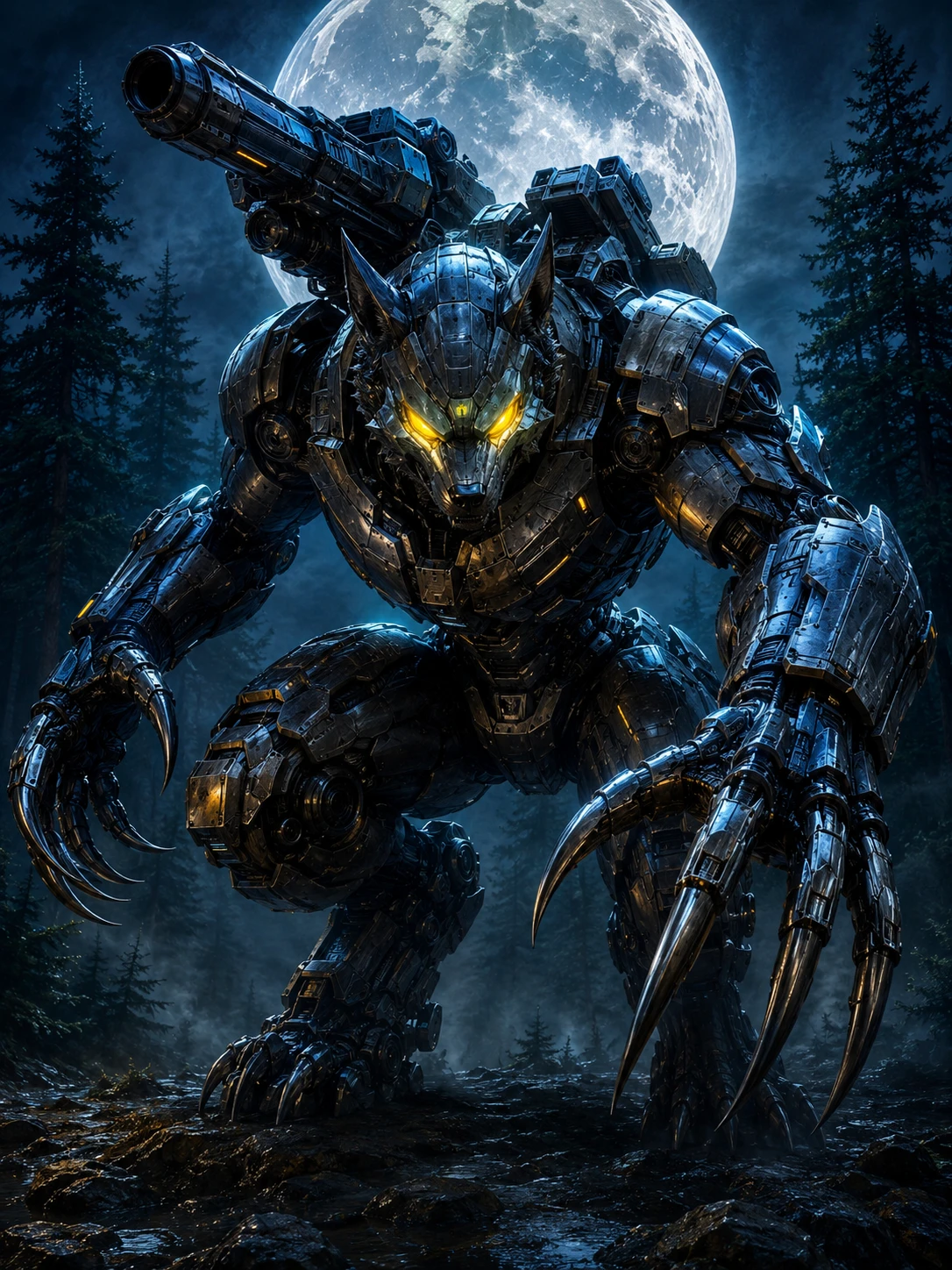 Mechanical werewolf warrior in a moonlit misty forest