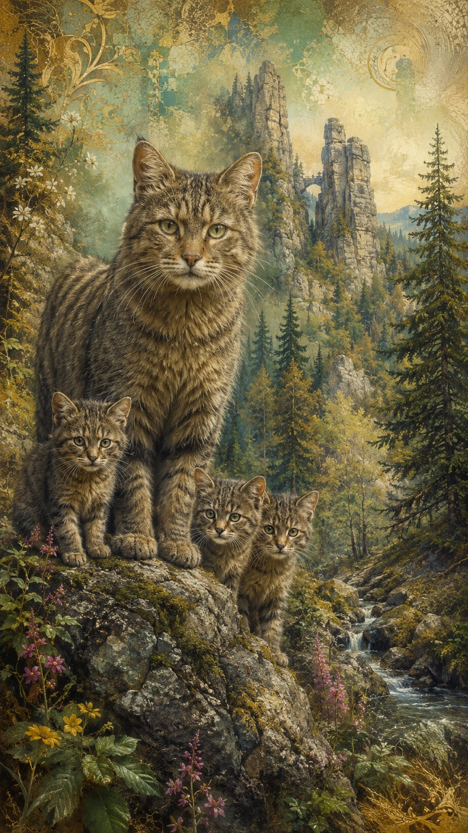 Mãe de gato-selvagem com três filhotes em penhasco rochoso no Harz