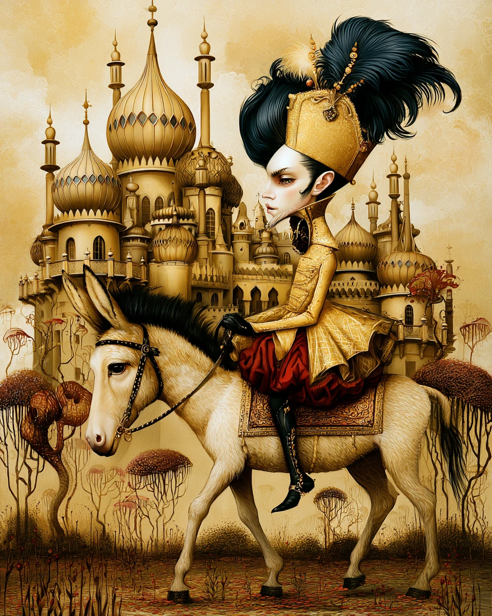 Rei engraçado montando um burro saindo de um grande palácio