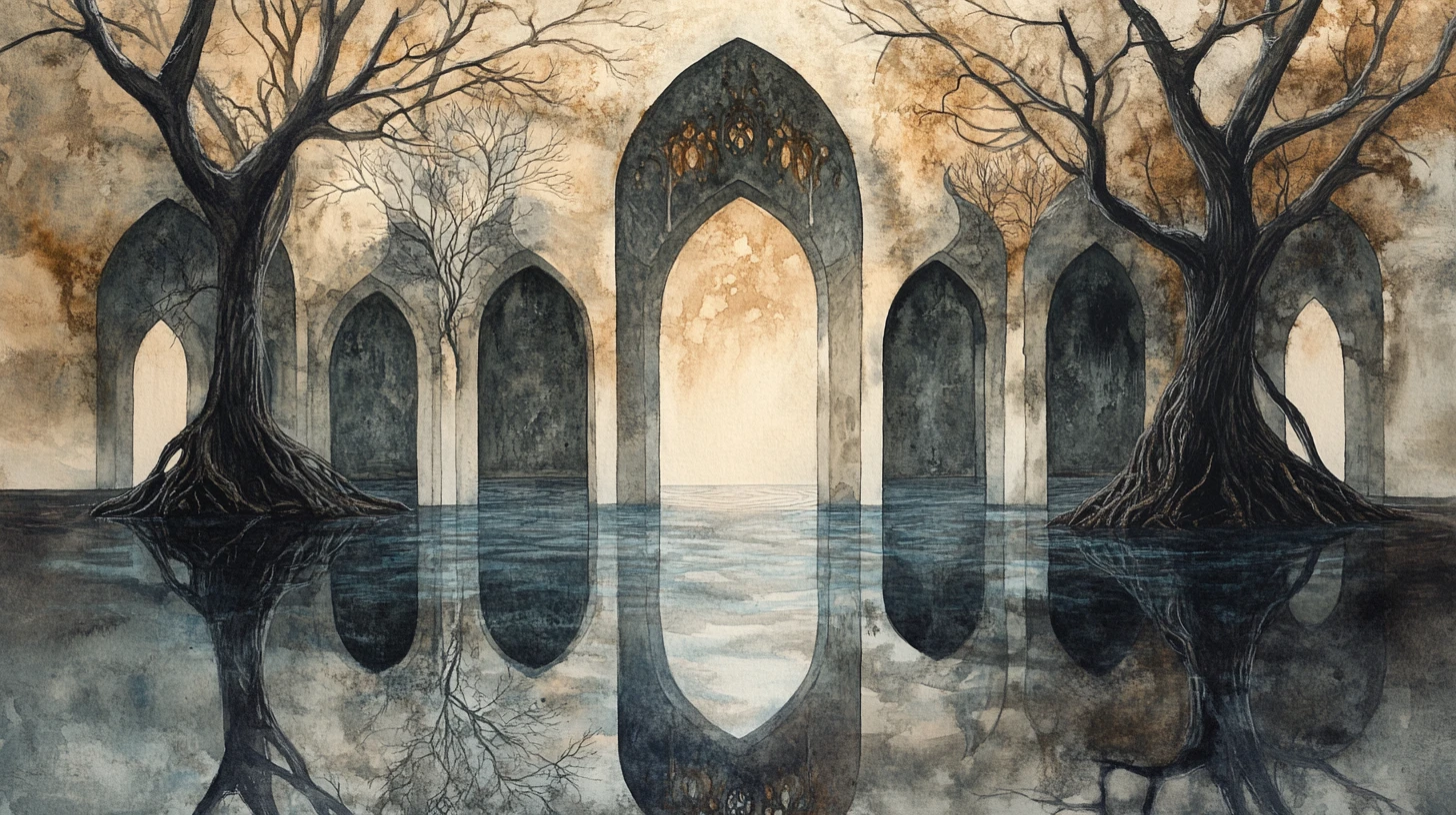 Gothic sanctuary formed from mirrored trees and roots