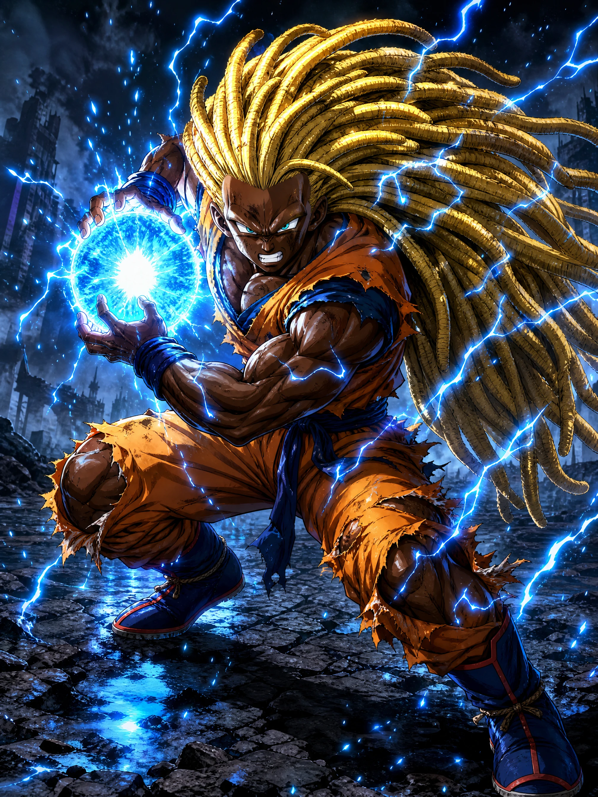 Guerrier d’anime chargeant une énergie bleue sur un désert volcanique