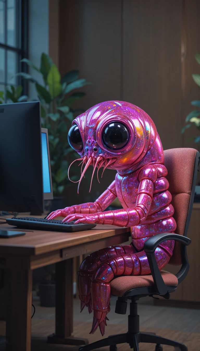 Glitzernde Cartoon-Garnele arbeitet an einem Computerschreibtisch