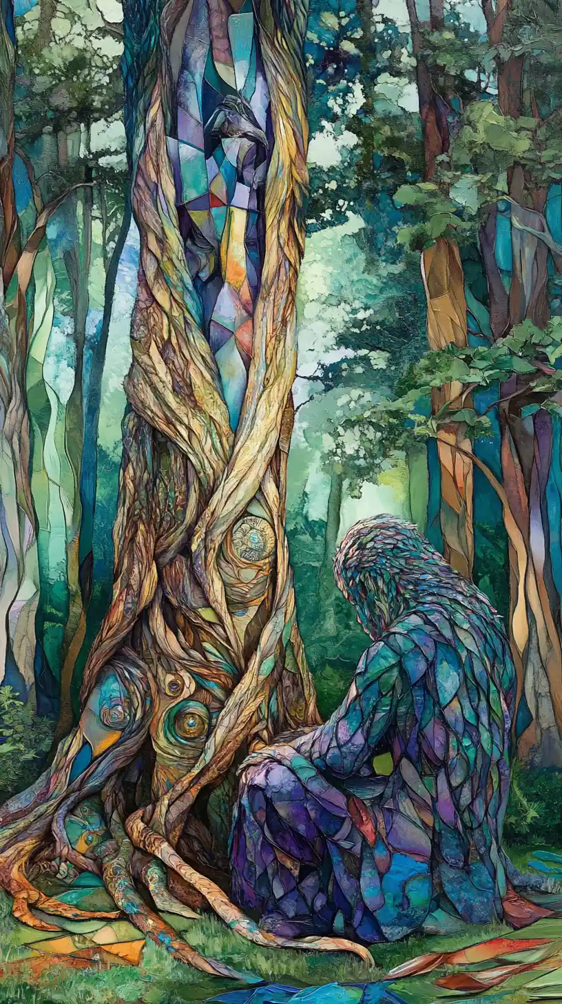 Mistico guardiano della foresta in ginocchio sotto alberi antichi