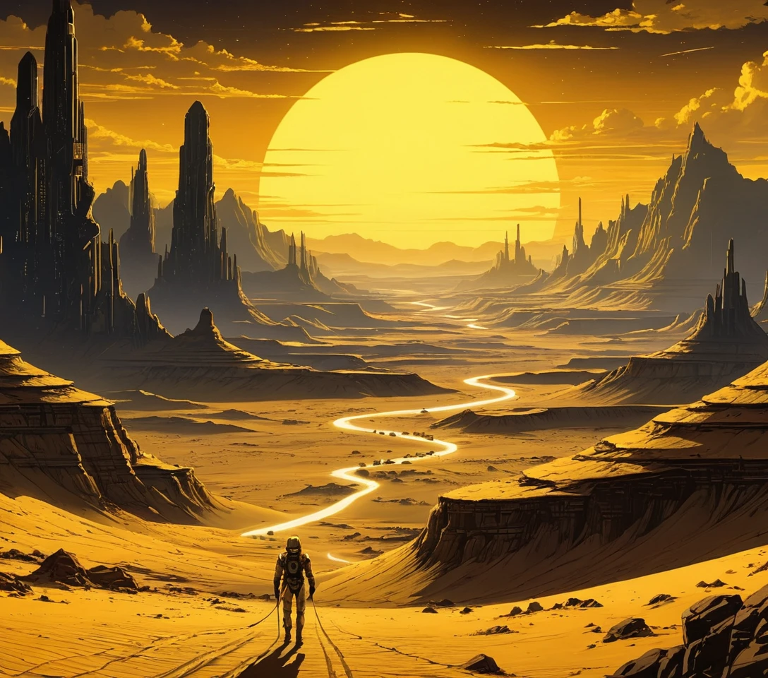 Canyon desertici futuristici sotto un cielo giallo luminoso