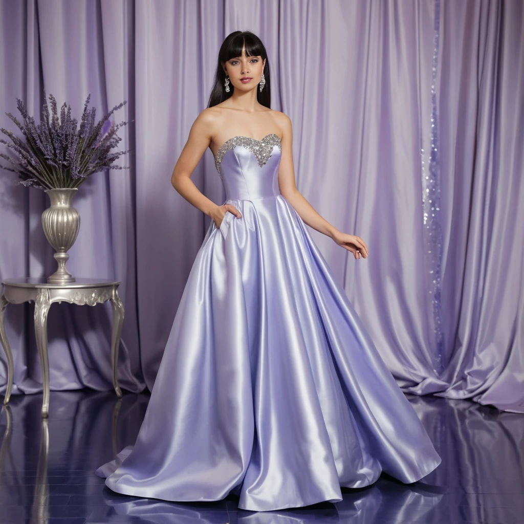 Jeune femme élégante en robe de satin lavande dans une pièce de luxe