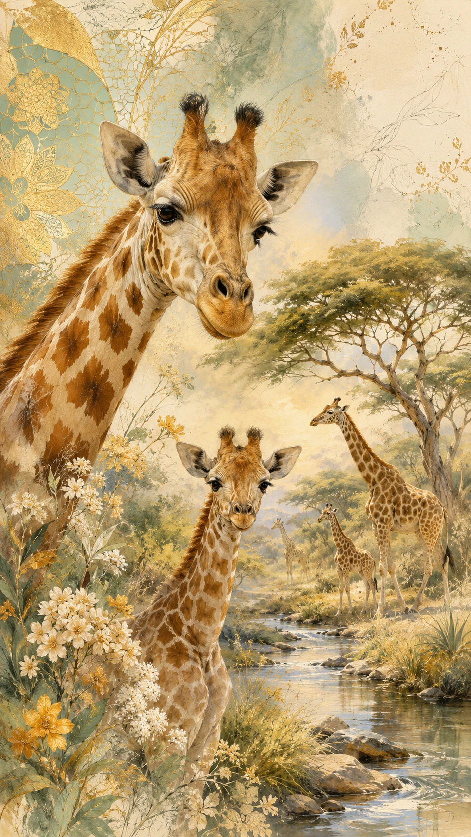 Giraffenherde mit Kälbern an einem afrikanischen Bach