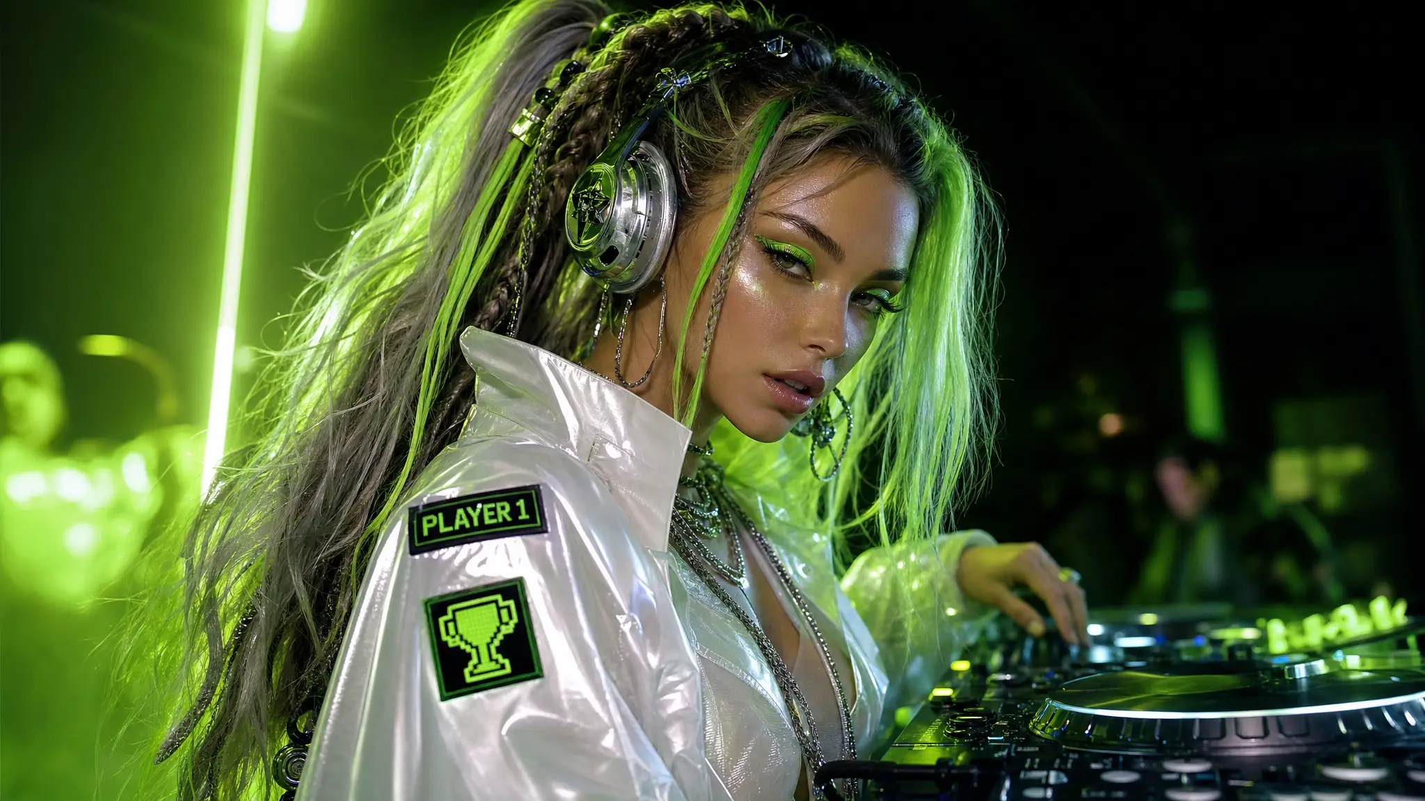 DJ femme en style cyber pop néon avec casque audio