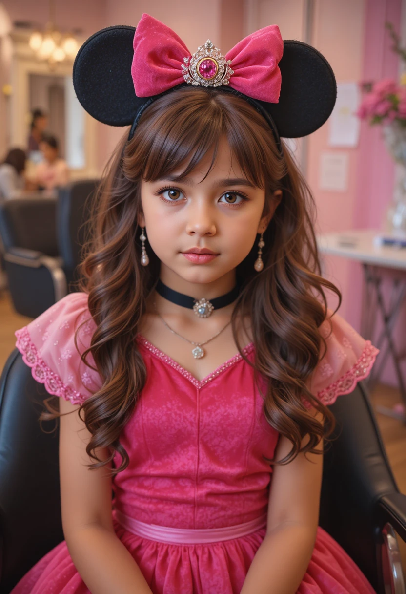 Niño nervioso con vestido rosa de Minnie posando en una silla de salón