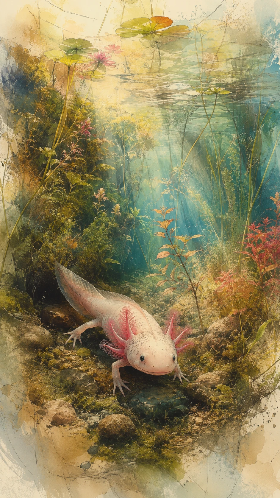 カラフルな自然環境のウーパールーパー エアブラシイラスト