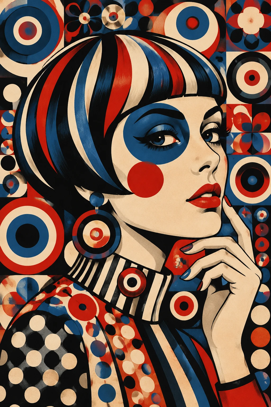 Retrato de mulher mod dos anos 1960 com maquiagem gráfica ousada