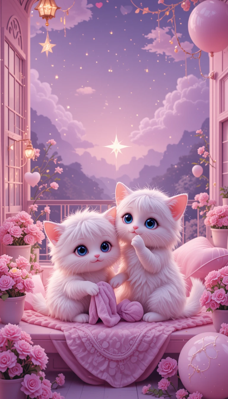Dois gatinhos brancos fofinhos em uma varanda noturna rosa pastel