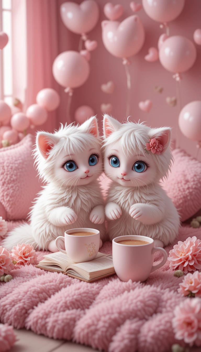Dois gatinhos brancos fofos lendo juntos sobre uma roupa de cama rosa