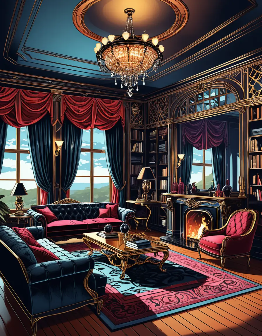 Sala de interior luxuosa em tons de joia com clima sombrio em perspectiva 3D