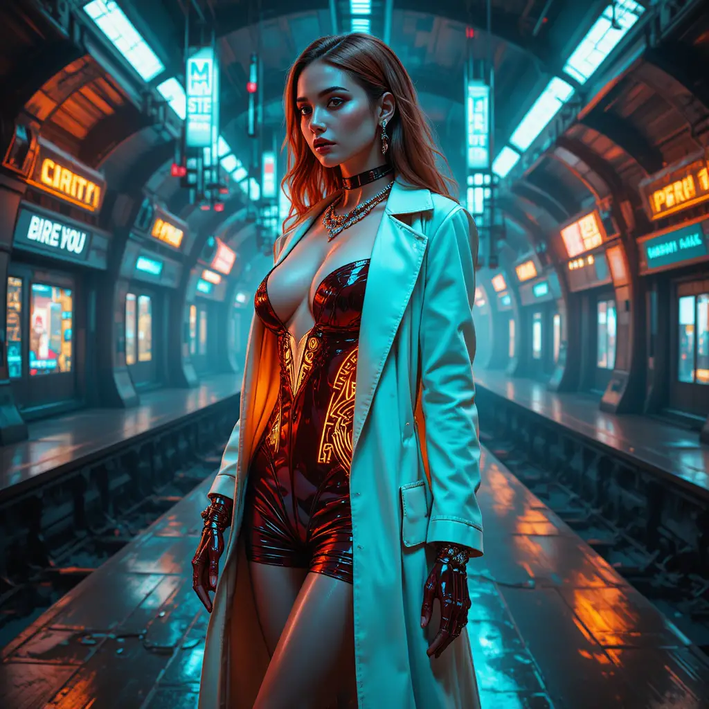 Cyberpunk-Frau auf einem Neonlaufsteg in einer U-Bahn-Station