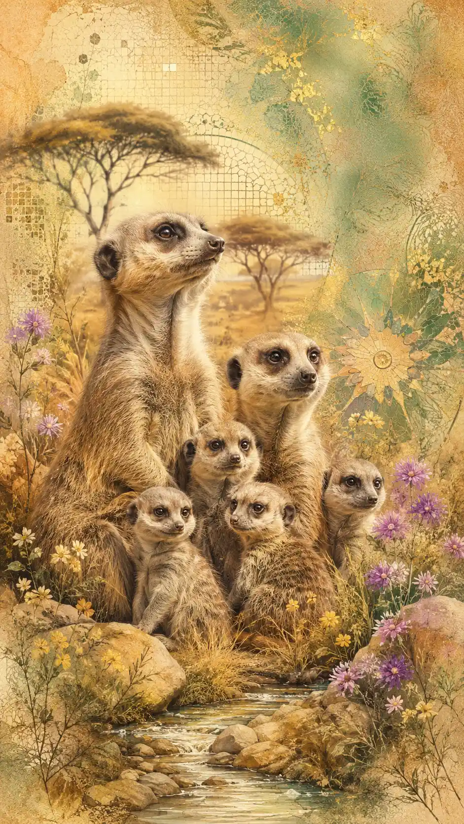 Meerkat family close up in african savanna art
