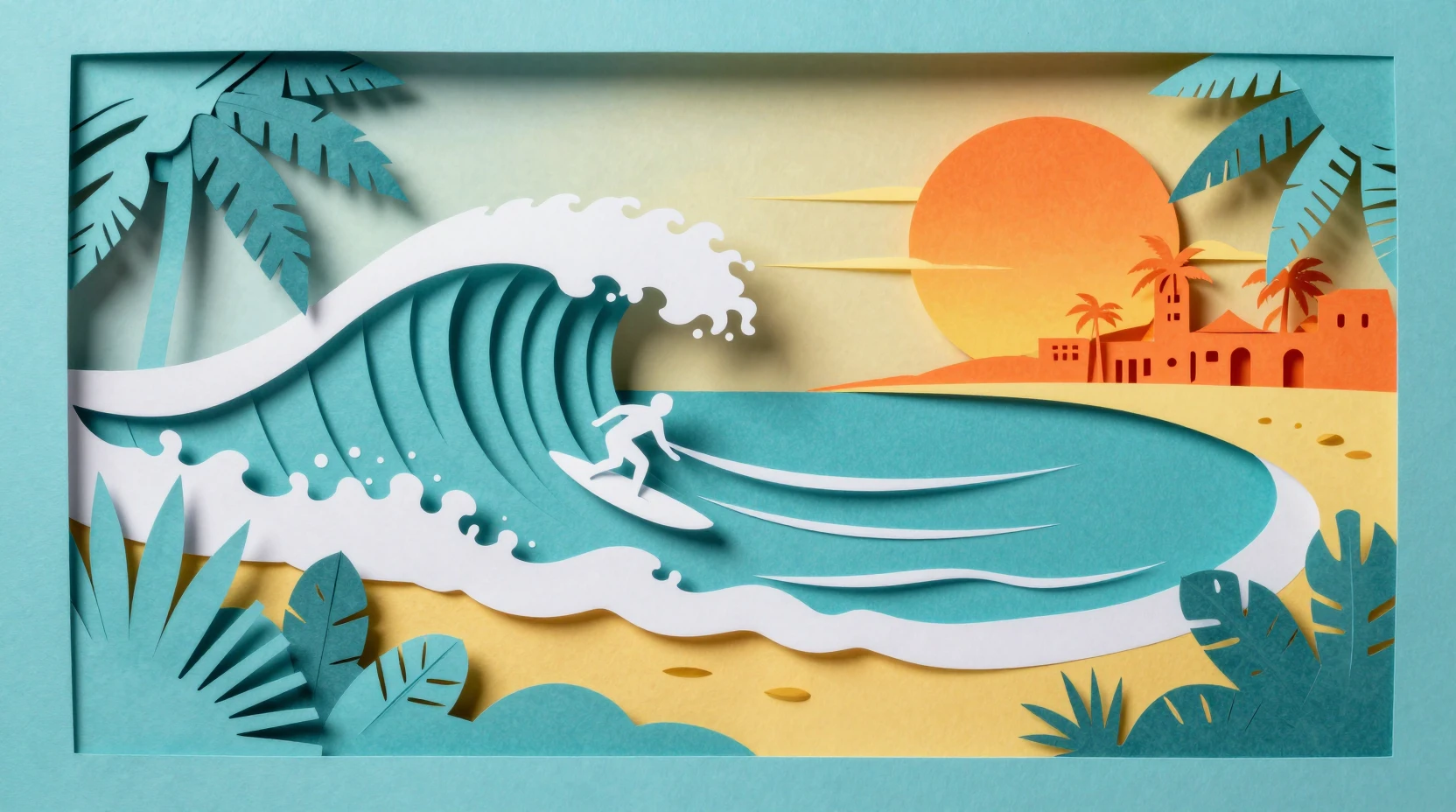 Escena de playa en papercraft por capas con surfista y pueblo bañado por el sol
