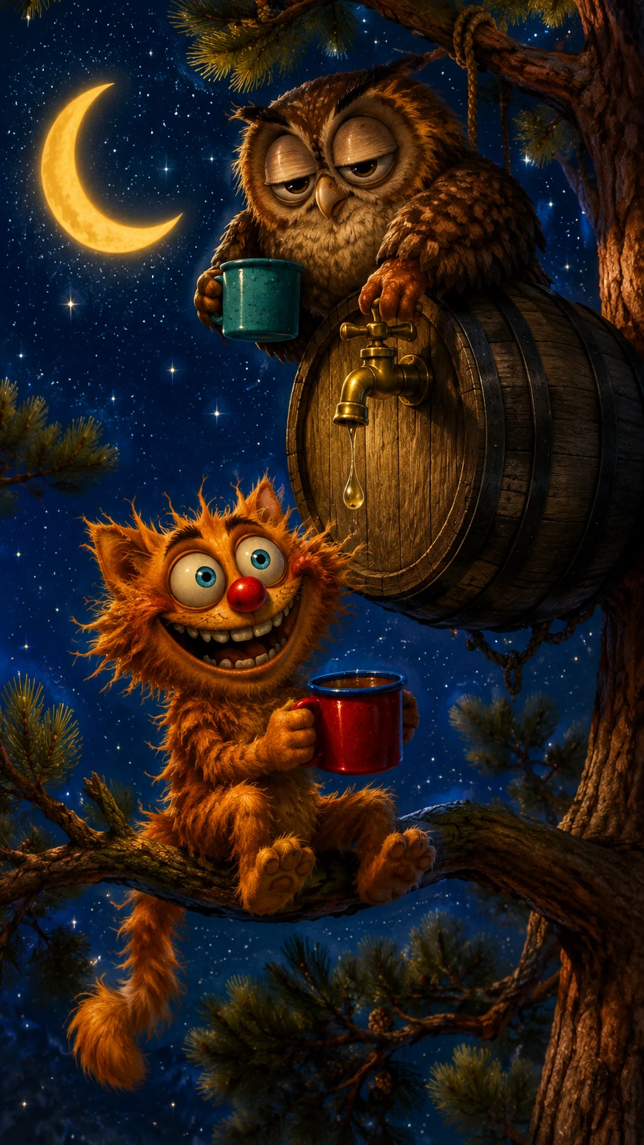 Gato ruivo sorridente com coruja sob um céu noturno estrelado