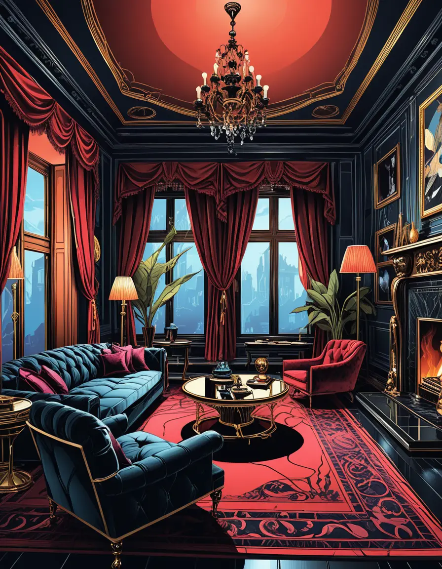 Interior luxuoso em tons de joias escuras em perspectiva 3D
