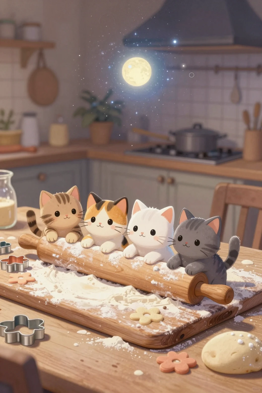Quatre chatons sur un rouleau à pâtisserie dans une cuisine chaleureuse