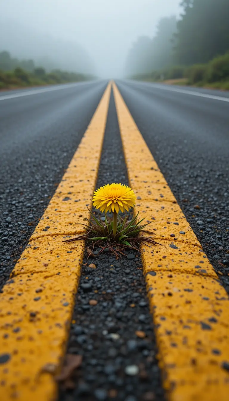 空無一人的道路上穿破柏油而出的黃色蒲公英
