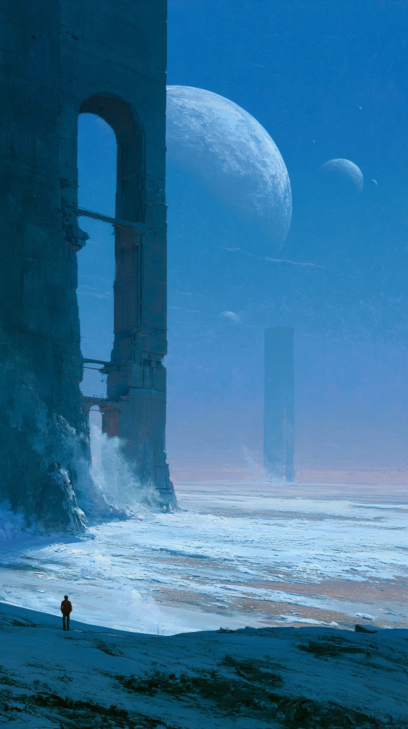 Vasta paisagem alienígena com arquitetura futurista colossal