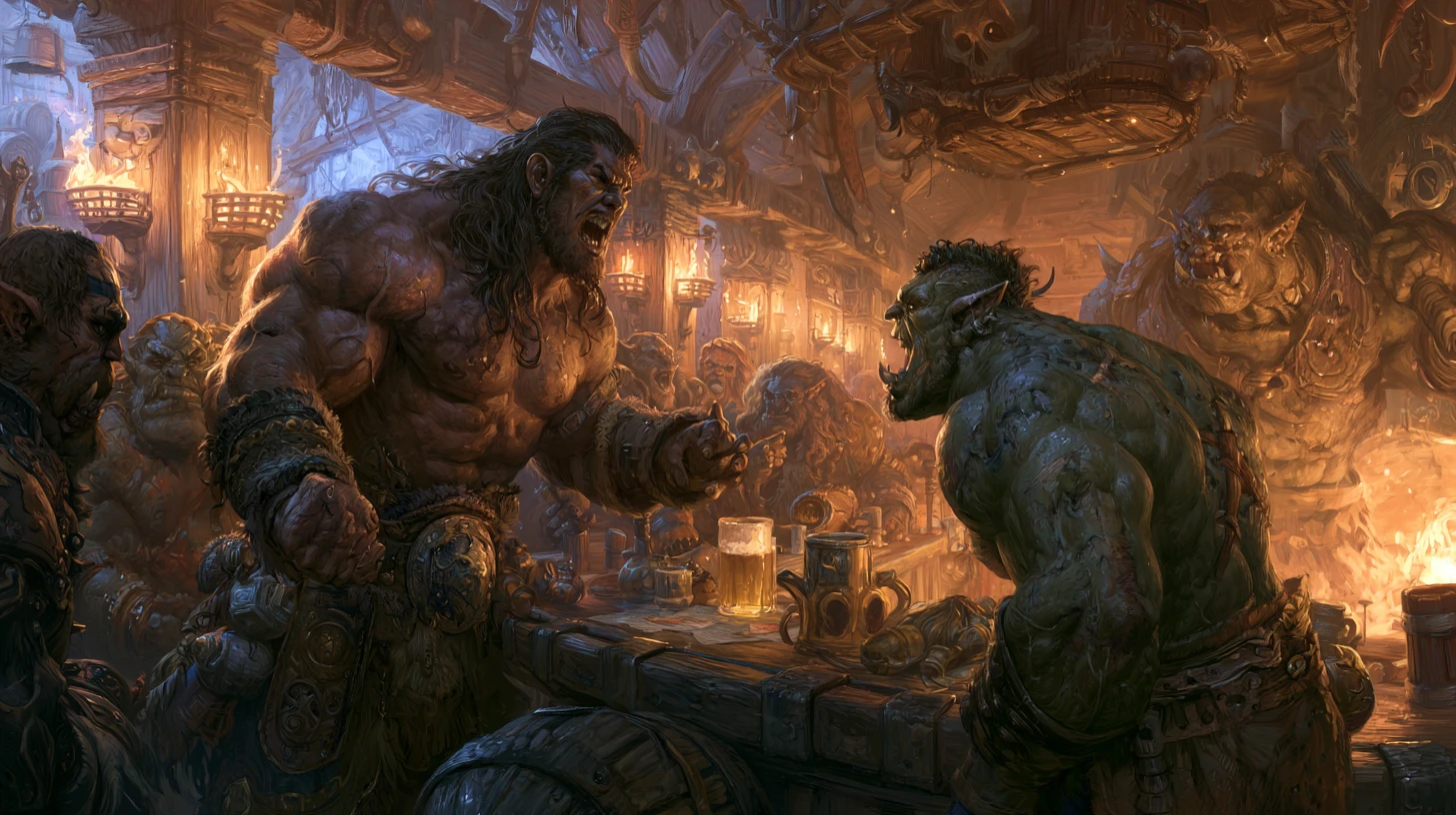 Barbar konfrontiert Ork in fackelbeleuchteter Fantasy-Taverne
