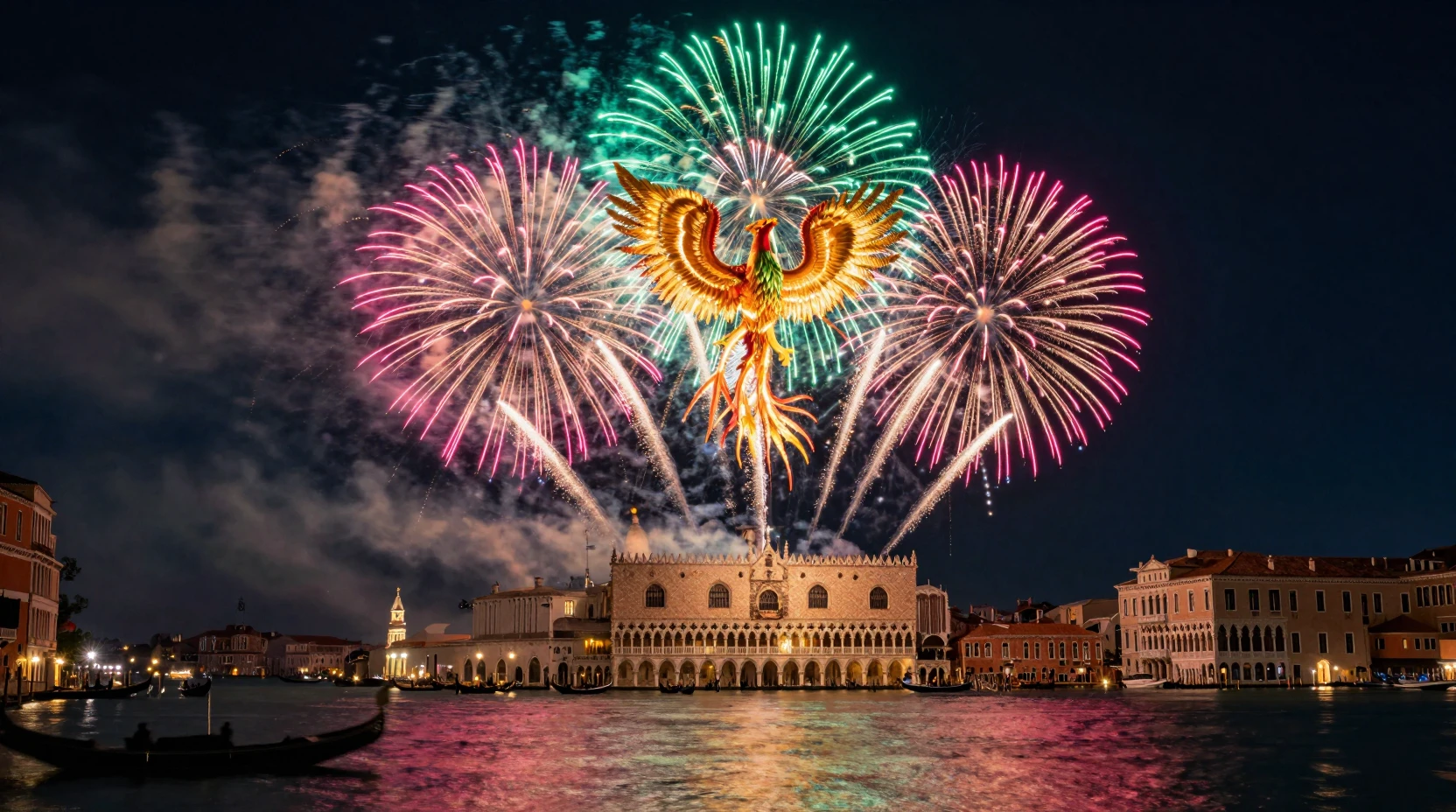Fuochi d'artificio sullo storico lungomare di Venezia di notte