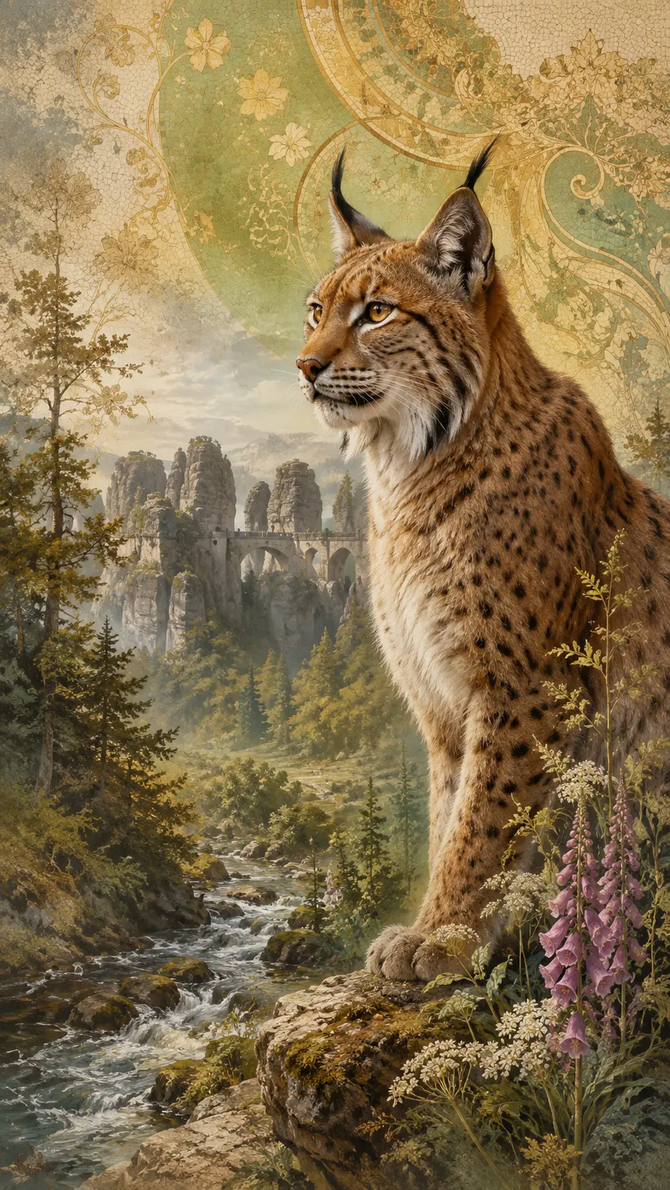 Eurasischer Luchs auf Felsklippe in farbenreicher Harz-Landschaft