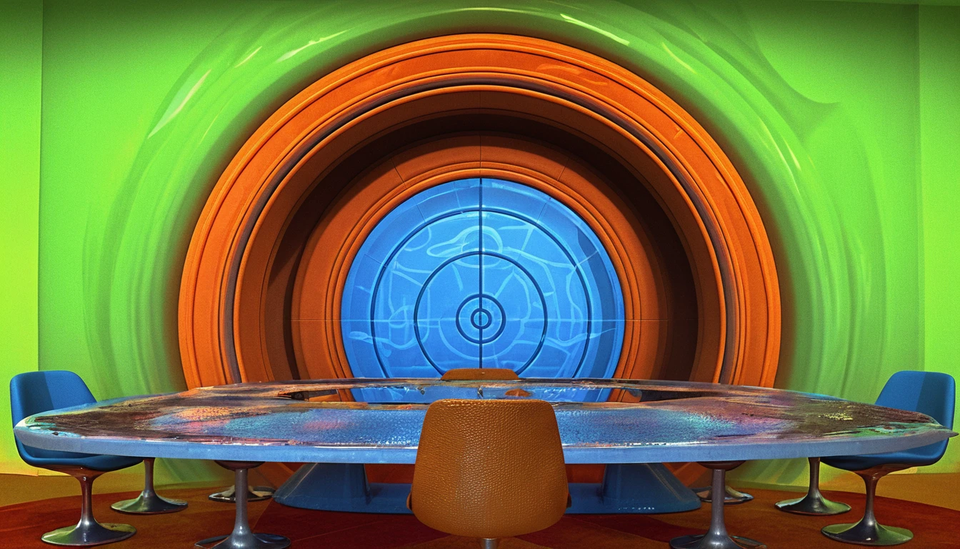 Studio TV retro-futuristico con tavolo blu e sedie arancioni