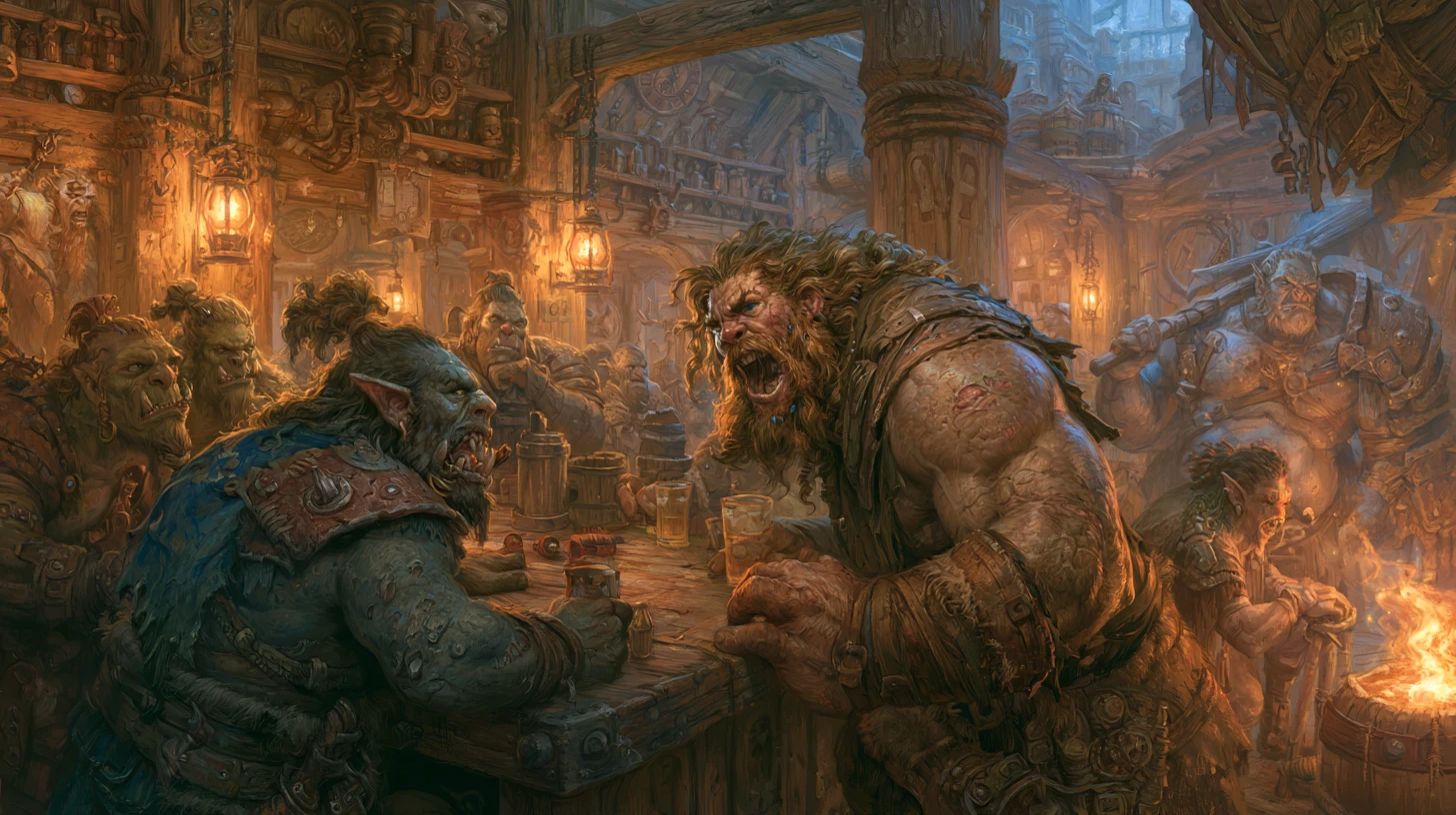 Barbar konfrontiert Ork in Steampunk-Fantasy-Taverne