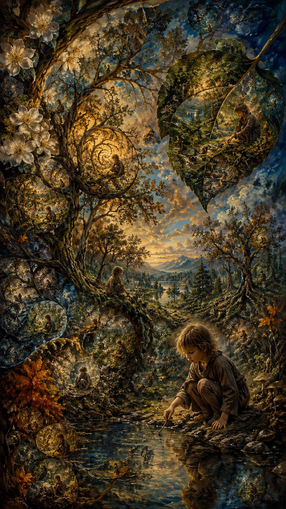 Bambino in una foresta frattale infinita di rami ripetuti