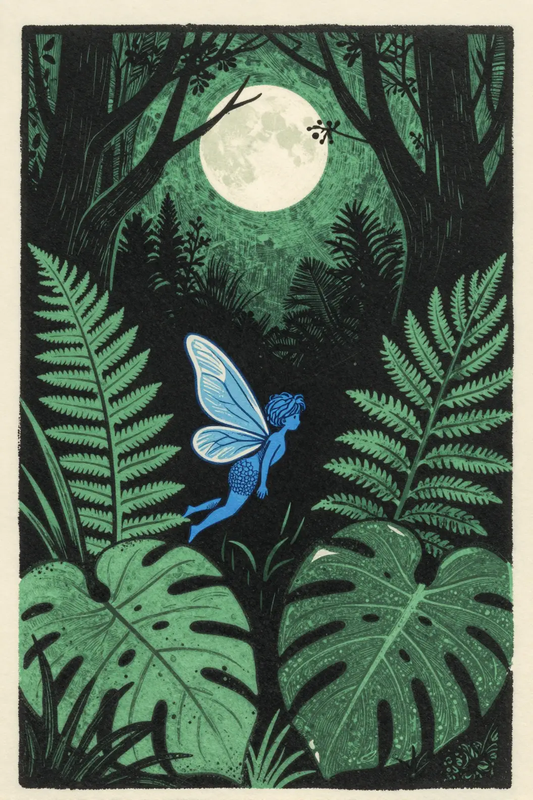 Fata blu in una foresta al chiaro di luna in illustrazione linoleografica
