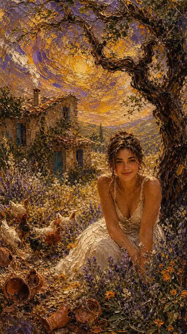 Girl Under Fig Tree In Rustic Countryside Landscape