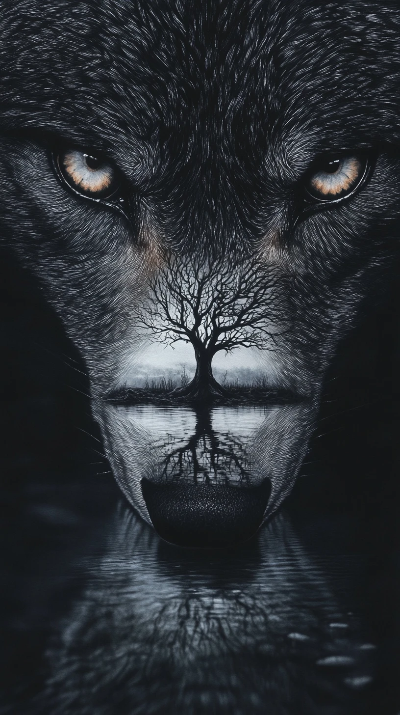 Rosto de lobo surreal em close se fundindo com paisagem refletida