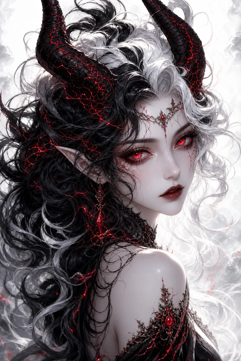 赤く光る瞳を持つ悪魔的な角の女の肖像